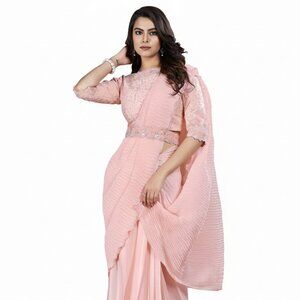 Elegant Satin Silk Ready-to-Wear Pink Saree with Embroidered Blouse
